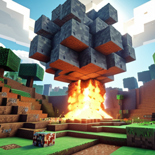 ** Minecraft world with realistic physics, blocks realistically collapsing after an explosion, dynamic lighting, volumetric clouds.

**