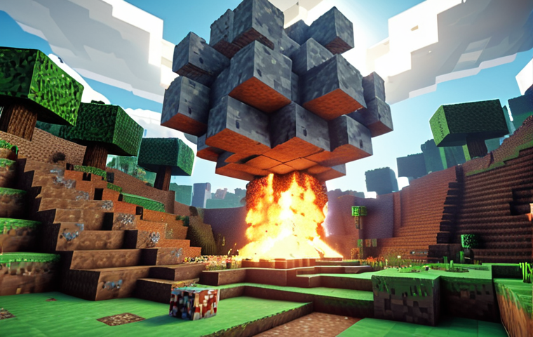 ** Minecraft world with realistic physics, blocks realistically collapsing after an explosion, dynamic lighting, volumetric clouds.
**