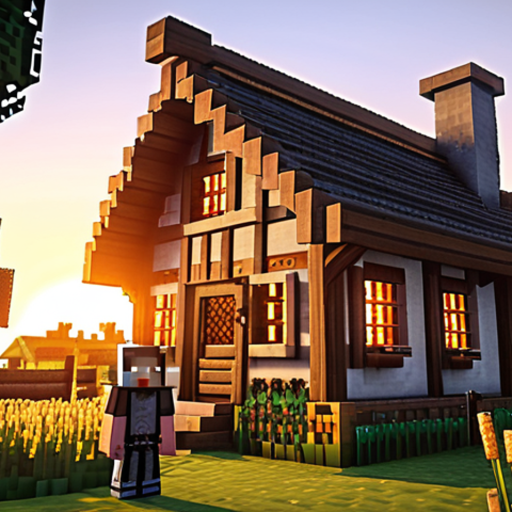 **

A cozy wooden Minecraft cottage at sunset. Include details like a crafting table, furnace glowing inside, a bed visible through a window. A player character in iron armor stands outside holding an iron sword, looking towards a nearby wheat farm. Swedish birch trees surround the cottage.

**