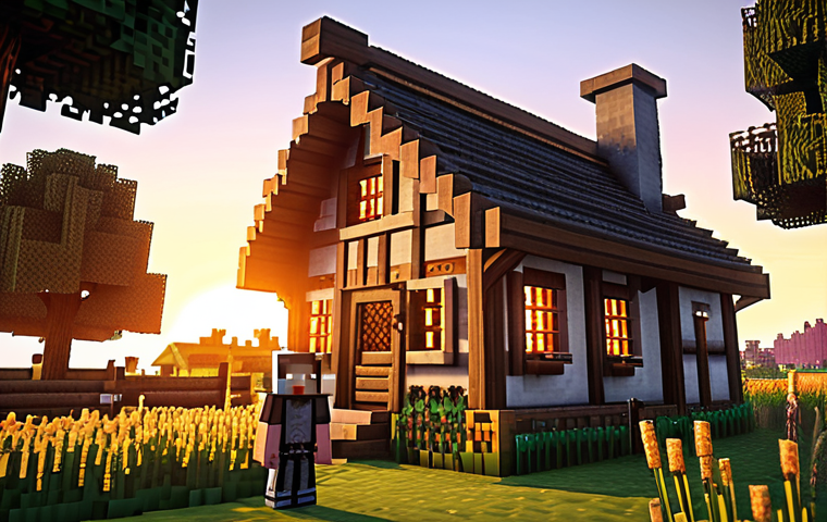 **
A cozy wooden Minecraft cottage at sunset. Include details like a crafting table, furnace glowing inside, a bed visible through a window. A player character in iron armor stands outside holding an iron sword, looking towards a nearby wheat farm. Swedish birch trees surround the cottage.
**
