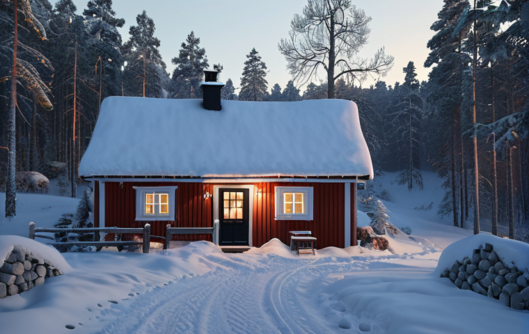 ** A cozy Swedish cottage in a snowy landscape, lit by warm interior light, showcasing traditional Swedish design elements.
**